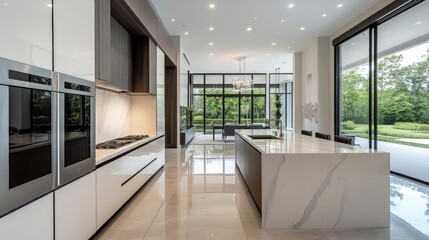 Modern Kitchen with Marble Countertops and Large Windows