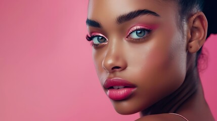 A close-up portrait of a young woman with vibrant makeup against a pink background, highlighting beauty and style.