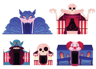 Creepy horror houses with a skull, a cat, a clown, a skeleton and a blue goblin.