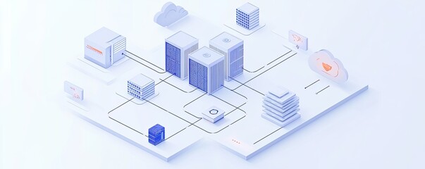 Simple flat design of cloud network architecture, visualizing virtual servers, security firewalls, and API connections 