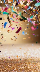 Fototapeta premium Vibrant confetti falling against golden glitter background for celebrations and events
