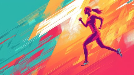 Dynamic Woman Running in a Vibrant Abstract Background Capturing Energy and Motion in a Colorful Sports Illustration