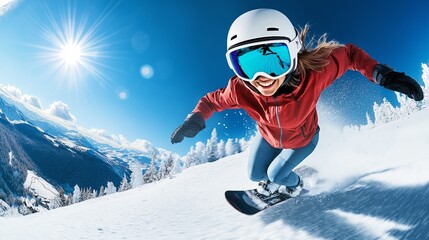female Snowboarder descends sunlit slope: thrilling winter adventure in pristine mountain landscape