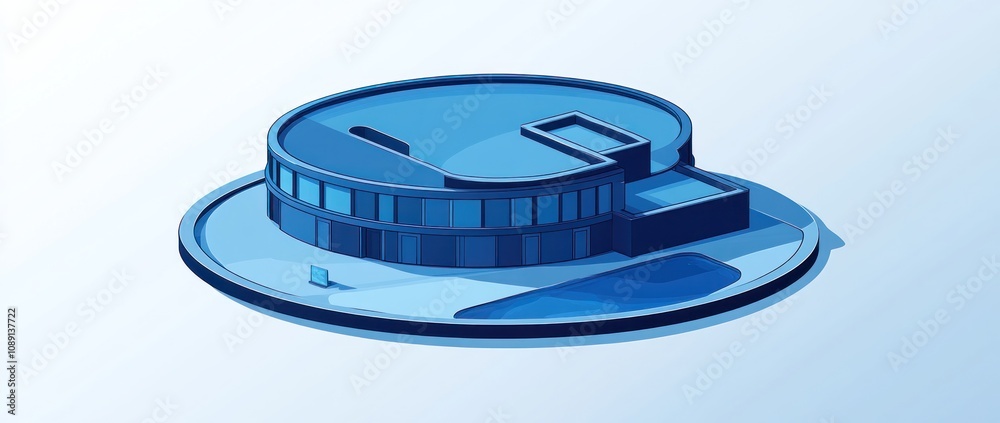 Poster A modern, circular building design with large windows and a pool area.