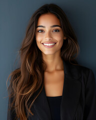 Obraz premium Beautiful indian executive girl with smile in a clean navy blue backgroud.