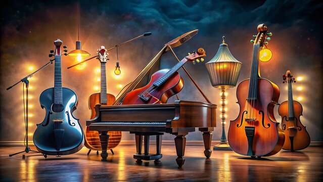 Captivating Low Light Photography of Musical Instruments Emitting Enchanting Sounds in a Dimly Lit Atmosphere, Evoking the Essence of Melodic Chansons and Harmonious Experiences
