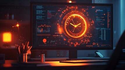 Futuristic Time Management Grid Floating Above Worker s Desk with Real Time Productivity and Resource Analytics