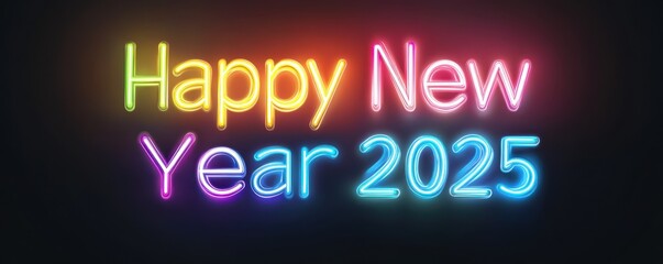 Obraz premium Vibrant neon text wishing a Happy New Year 2025, celebrating the arrival of the new year with colorful light effects.