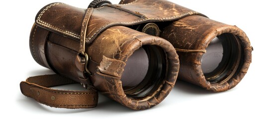 Classic Binoculars with Leather Case Isolated on White