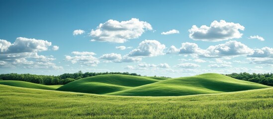 Obraz premium A serene landscape featuring rolling green hills under a clear blue sky with fluffy white clouds, evoking a sense of tranquility and natural beauty.