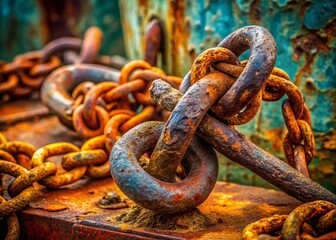 Fototapeta premium Captivating Macro Photography of an Old Anchor Resting on a Weathered Chain, Showcasing Intricate Rust Patterns and Textures with a Nautical Background for Marine Enthusiasts