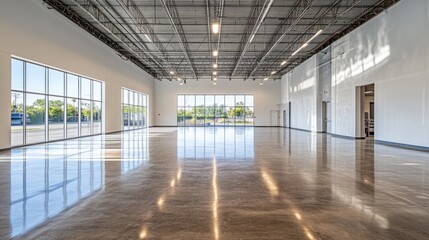 Fototapeta premium A spacious, modern interior featuring polished floors, large windows, and high ceilings, perfect for events or commercial use.
