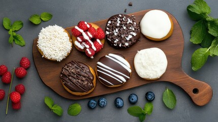 A beautifully arranged selection of assorted donuts topped with chocolate, berries, and coconut on a wooden serving board.