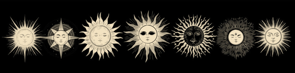 Vector illustration set of moon phases. Different stages of moonlight activity in vintage engraving style. Zodiac Signs	