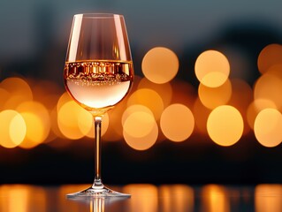 A beautifully lit glass of rose wine on a reflective surface, surrounded by warm bokeh lights, perfect for any occasion.