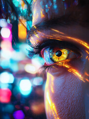 A close-up of eyes reflecting neon signs and city lights, hinting at hidden emotions. The soft bokeh background with subtle sparks and light trails adds intrigue.