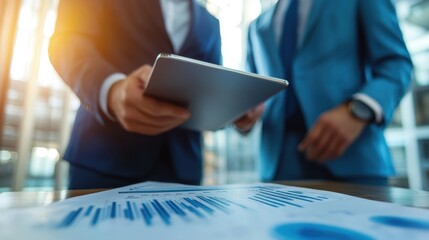 Naklejka premium Business Professionals in Suits Engaging in Discussion Over Digital Tablet While Analyzing Graphs and Charts in Modern Office Environment