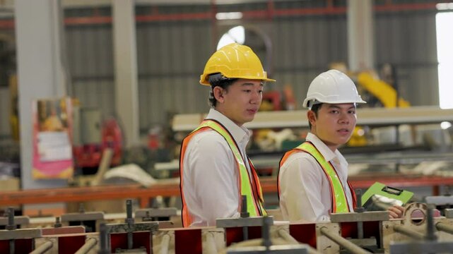 Slowmotion Asian man team engineer worker working control sheet metal roof tile roll forming machine at metal sheet profiling factory. Industrial production. Unity and teamwork