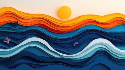 Fototapeta premium Calm ocean sunset papercut art coastal setting graphic illustration tranquil environment creative perspective vibrant color concept for relaxation