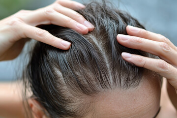 Fototapeta premium Close-up of a scalp with hands gripping the head, concept of stress or hair health issues