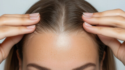 Naklejka premium Close-up Woman Showing Her Scalp, Highlighting Scalp Health and Care