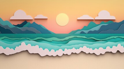 Seaside sunset papercut art displaying calmness and beauty in nature relaxing environment digital artwork aesthetic viewpoint