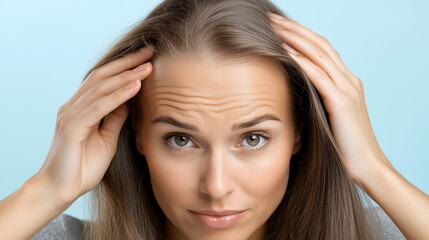 Fototapeta premium Close-Up of a Woman with Hands in Her Hair, Looking Intently