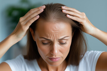 Fototapeta premium Woman Highlighting Hair Loss, Showing Her Hairline with Concern