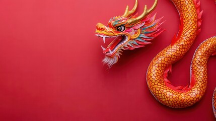 Obraz premium A vibrant red background features a stylized dragon, showcasing intricate designs and colors, symbolizing strength and good fortune.