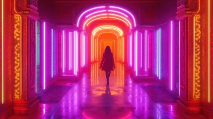 Fototapeta premium Neon Dreamscape: A Woman Walks Through a Vibrant, Futuristic Corridor