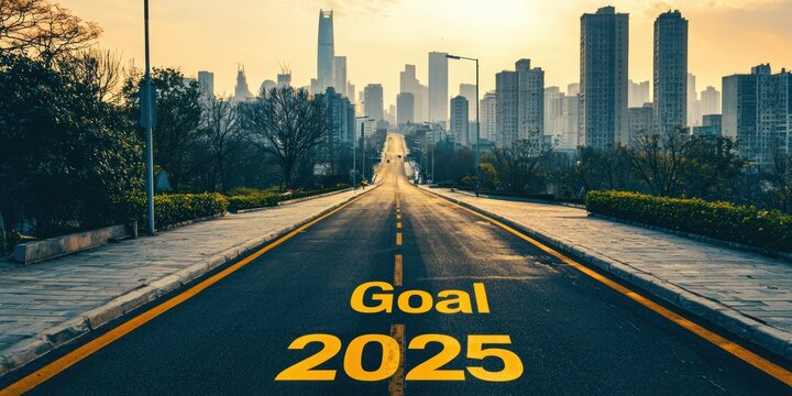 A long, winding street with "Goal 2025" marked in large yellow text at the starting line, leading towards a city skyline in the distance.