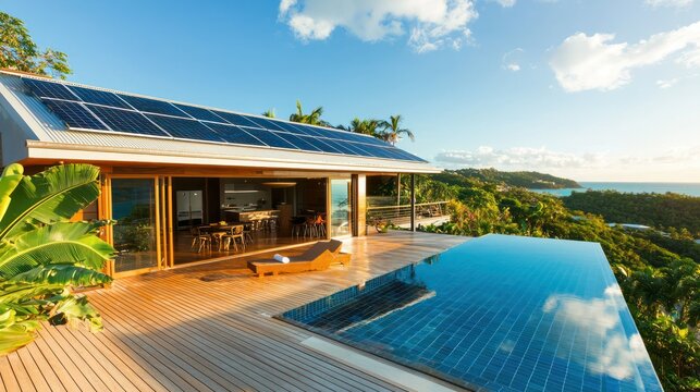A luxury villa-style modern house with expansive solar panels on the roof, overlooking a pristine pool and outdoor deck.