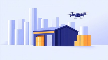 Obraz premium A modern drone hovers above a storage facility surrounded by tall buildings, showcasing the integration of technology in logistics and delivery.