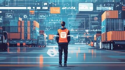 Logistics coordinator surrounded by digital and technological symbols icons, cargo handling efficiency, back view