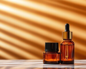 Naklejka premium Stylish amber glass containers with cosmetic oil and cream against a warm, textured backdrop, evoking luxury and self-care.