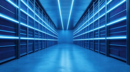 A futuristic corridor lined with glowing blue lights, leading to shelves, evoking a high-tech, digital environment.