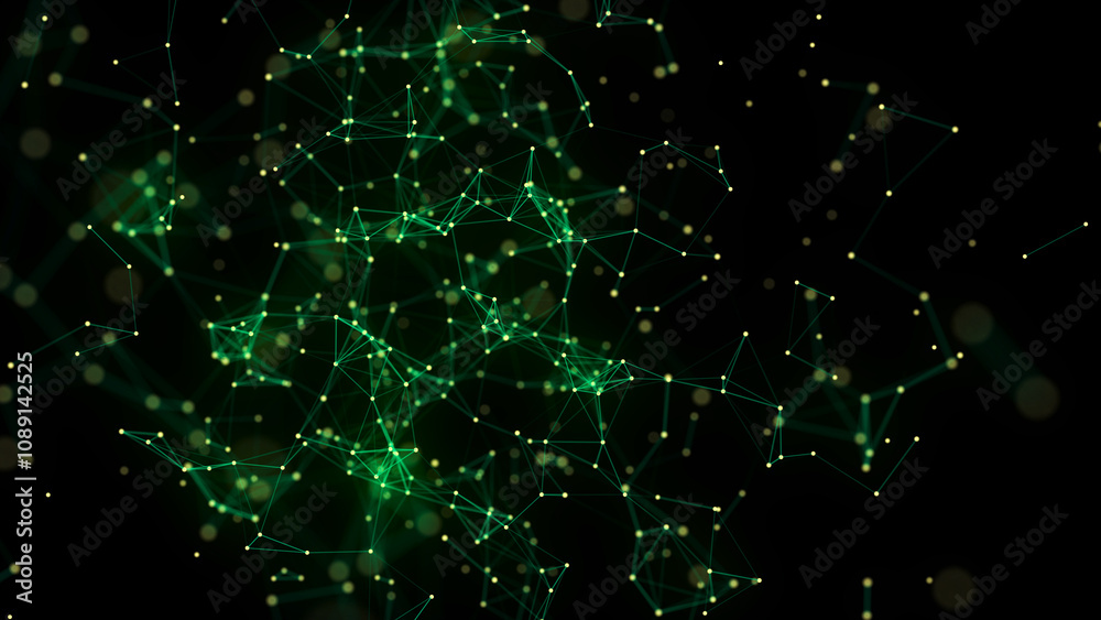 Poster Green abstract background with connection lines, dots and triangles. Technology network connection. Digital structure of particles. 3D rendering.
