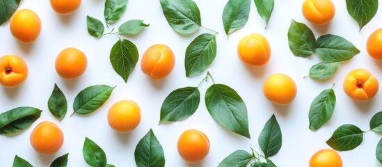 Obraz premium Apricots and Green Leaves on White Background