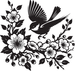 A small bird flying over a flowering cherry blossom branch vector silhouette black