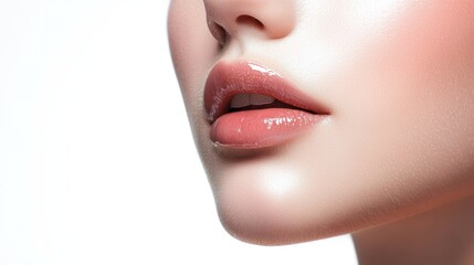 Fototapeta premium Close-Up Shot of Woman's Lips with Glossy Finish, Perfect Skin Tone, and Natural Makeup Look on Minimalist Background for Beauty and Fashion Related Use