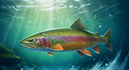 Fototapeta premium Rainbow Trout Fish in the Water, Stream or River, Isolated Nature Wildlife Fishing Angler Illustration