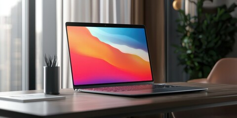 Fototapeta premium A sleek laptop mock-up displayed on a modern desk, showcasing a customizable interface design
