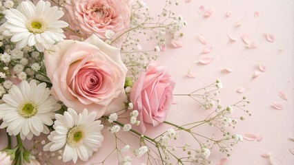 Pastel pink floral wallpaper featuring a mix of baby's breath, pale pink roses, and ivory daisies,...