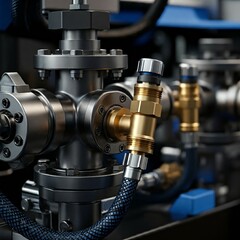 Fototapeta premium High-tech industrial machinery close-up with metal valves, brass fittings, and hydraulic hoses. Hyper-realistic details in a modern factory setting. Ideal for manufacturing and process projects