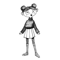 Graphic illustration of a young girl wearing a sweater, skirt and striped knee socks.