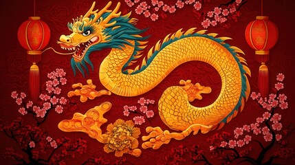 Obraz premium A vibrant golden dragon coils amidst red lanterns and cherry blossoms, symbolizing strength and prosperity in a festive atmosphere.
