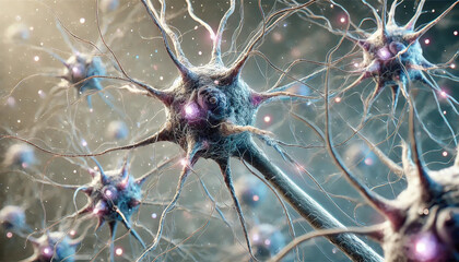 Generative AI illustration of neurons affected by dementia, showing destruction, synaptic loss, and brain function impairment.