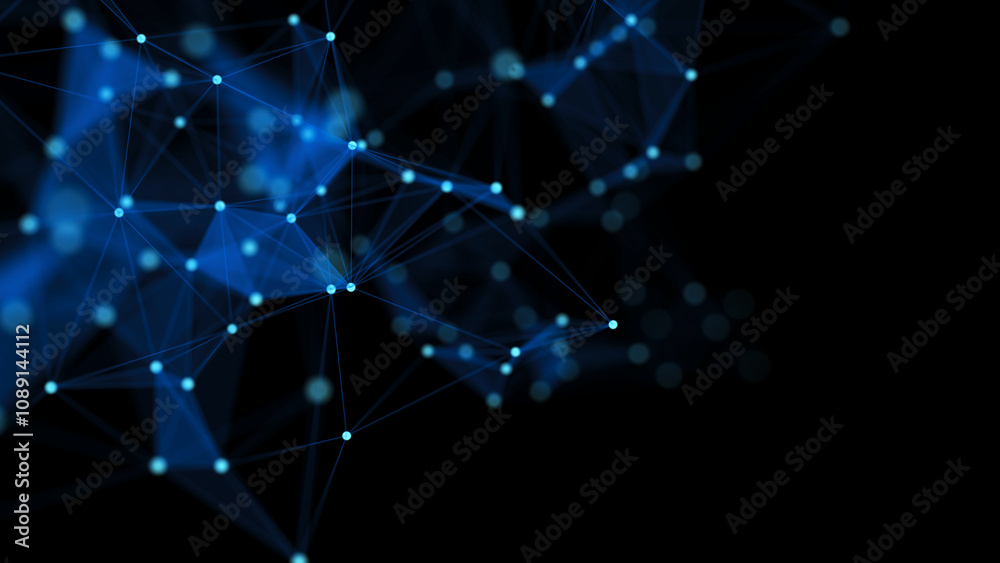Aufkleber Blue abstract background with connection lines, dots and triangles. Technology network connection. Digital structure of particles. 3D rendering.