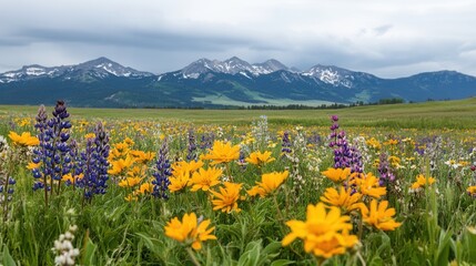 Obraz premium A vibrant meadow filled with yellow and purple wildflowers, set against a backdrop of majestic snow-capped mountains under a cloudy sky.