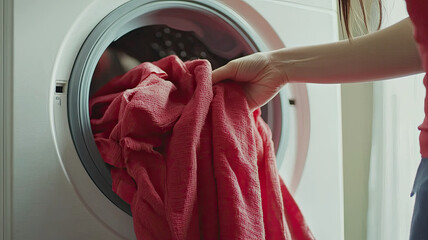 Loading clothes into washing machine, woman handles red fabric
